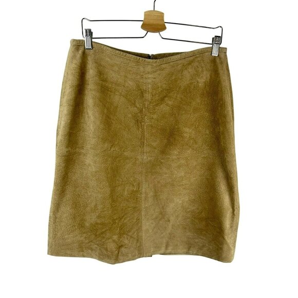 Vintage 90s AR Suede Leather Straight Skirt Women 14 Tan Brown Khaki Knee Length - Picture 1 of 5